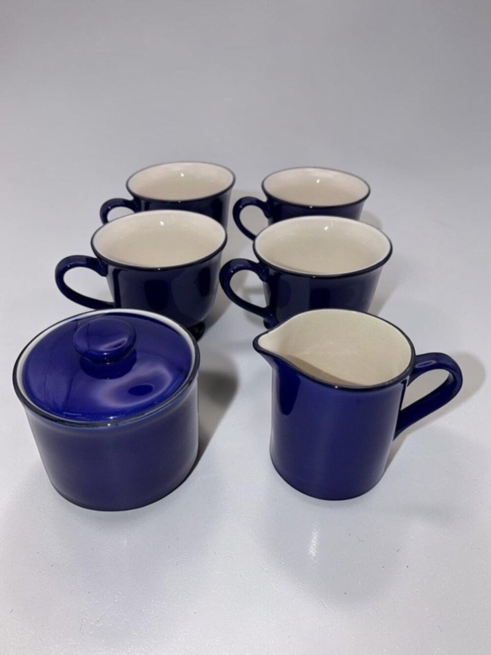 Vintage Cobalt Blue Stoneware Tea Cups Set w Sugar Bowl & Creamer